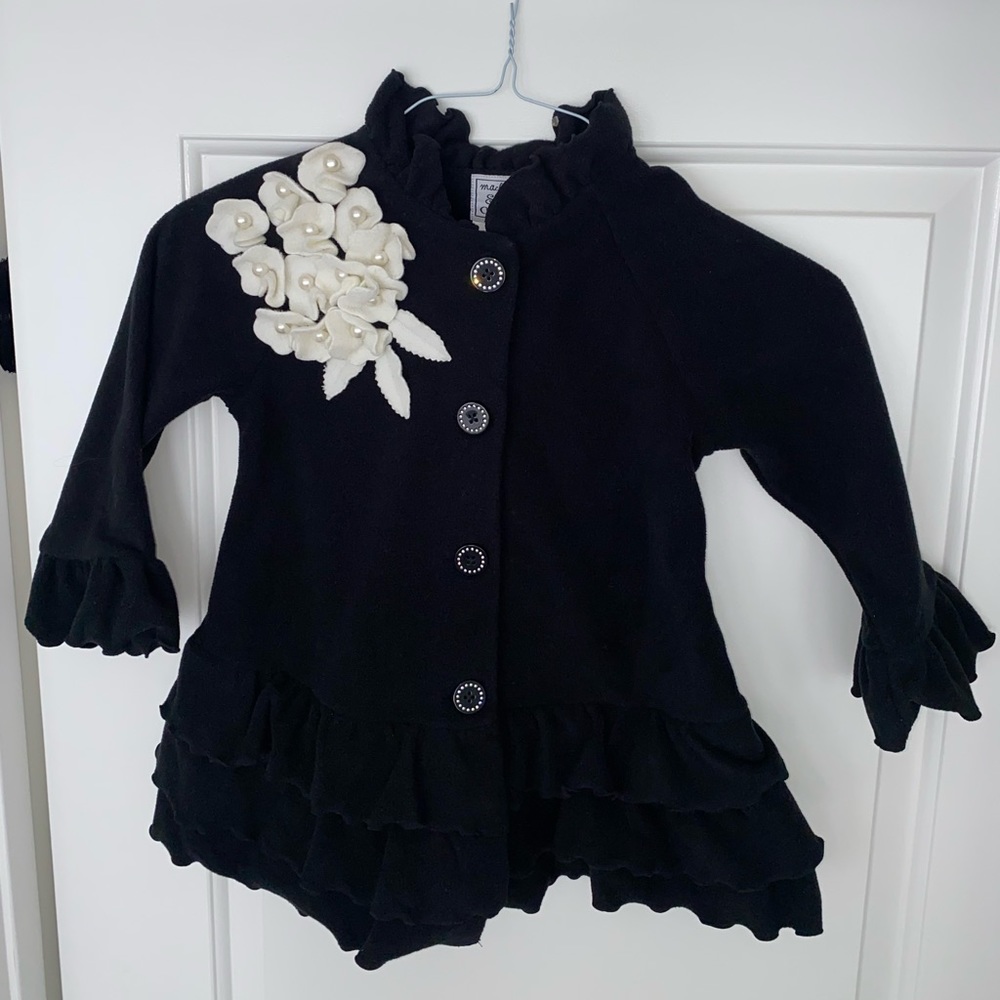 Mack & Co - Girl’s Black Fleece Warm Coat Jacket, White Flowers, Pearls